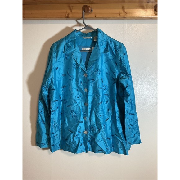 Laura Ashley Women’s M Blue Silk Jacket Shirt Combo Embroidered Beaded Vintage - Picture 1 of 12